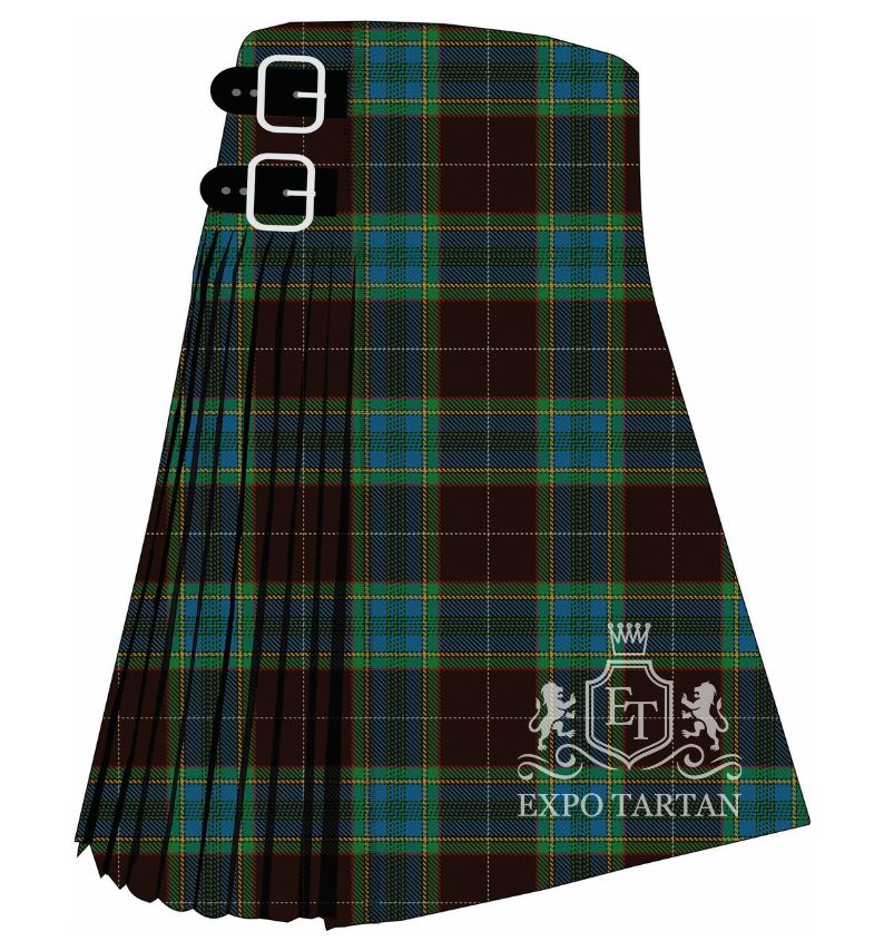 Men's Broome County Tartan Kilt showing traditional knife pleats in a deep dark brown and black sett, intricately intersected by blue and green bands with fine gold lines