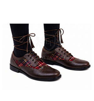 Brown Ghillie Brogue Kilt Shoes With Tartan