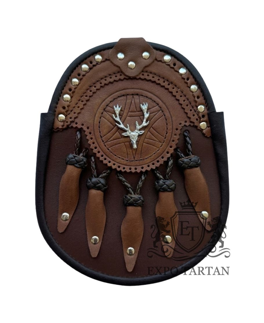 Brown Leather Fashion Kilt Sporran With Stag Head