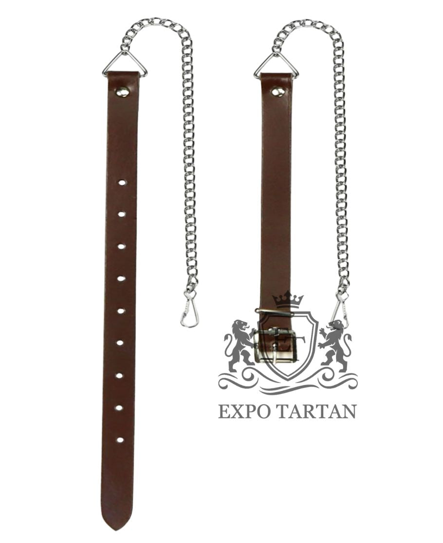 Brown leather strap with metal chain on a white background, featuring Expo Tartan logo.