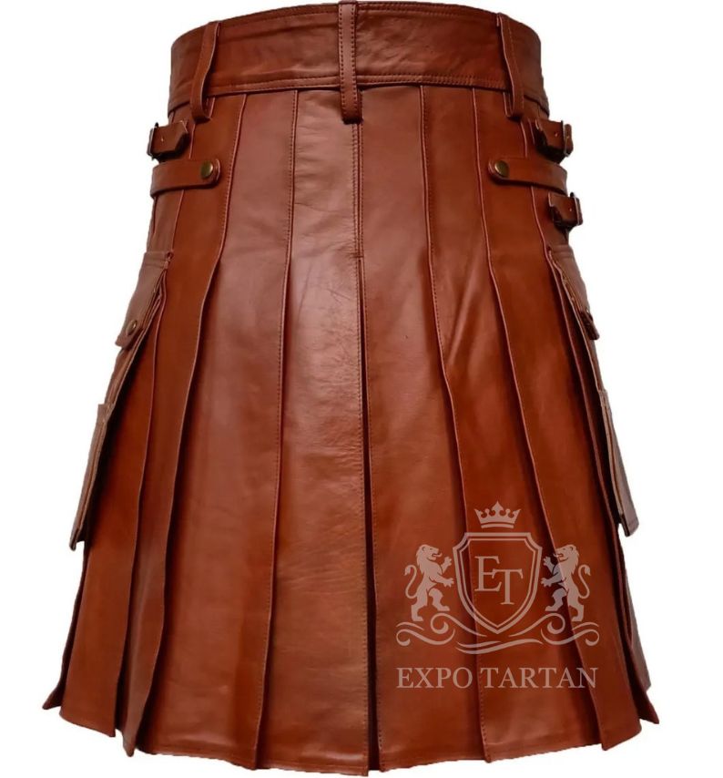 Brown Cowhide Leather Utility Kilt With Front Sporran Scottish Highland Wear