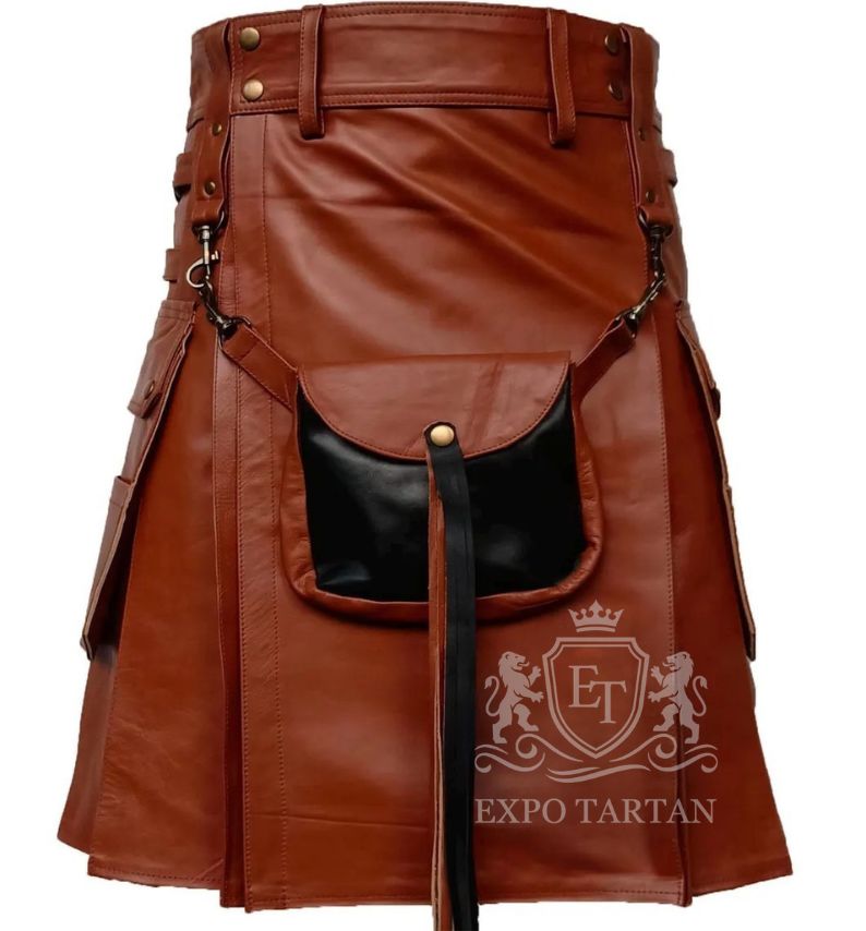 Brown Cowhide Leather Utility Kilt With Front Sporran Scottish Highland Wear