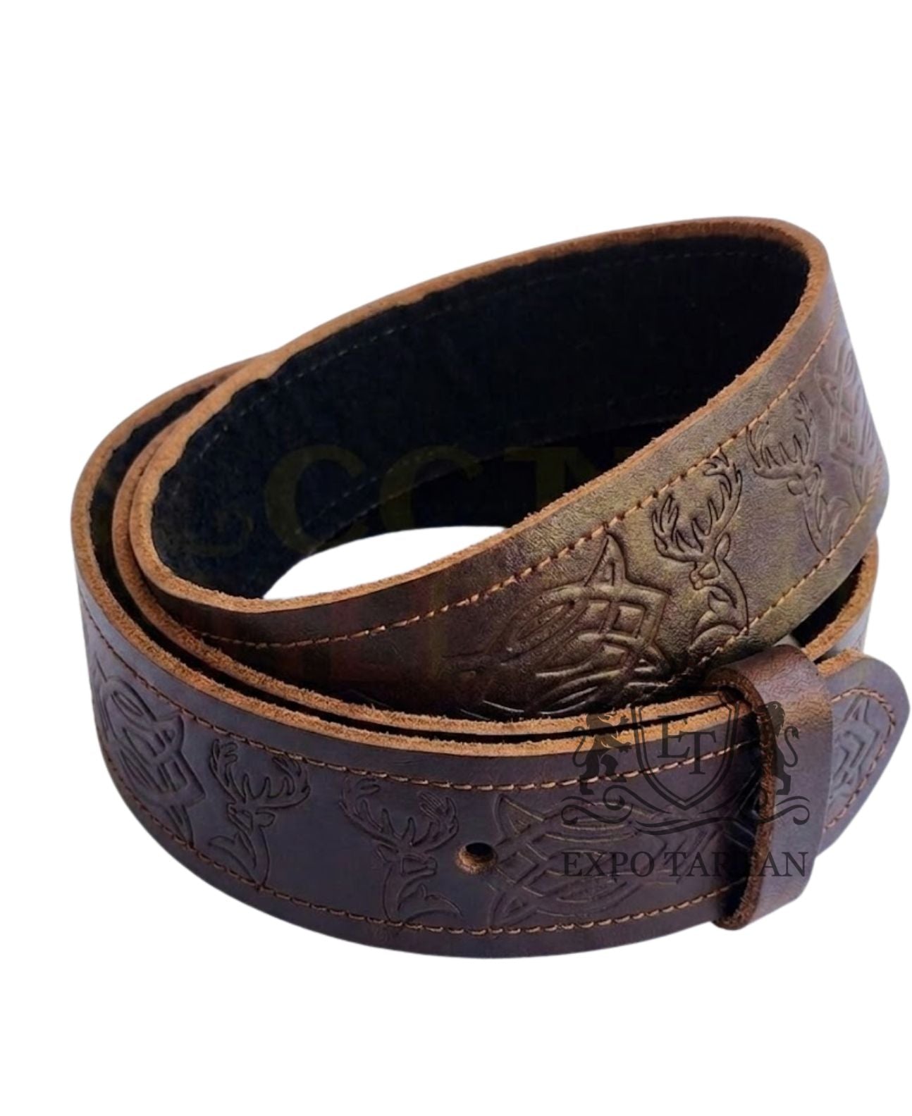 Brown Stag Head Embossed Leather Kilt Belt
