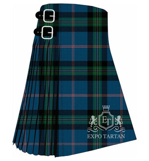 Men's bespoke Highland kilt woven in the historic Buckie District Ancient sett, featuring heavy black and forest green bands over vibrant blue