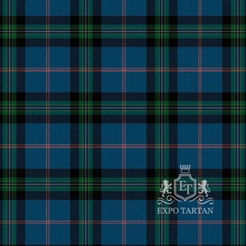 Men's Buckie District Ancient Swatch showing a vibrant blue, black, and dark green sett, intricately intersected by fine red lines
