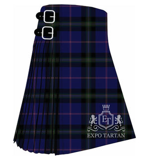 Men's Buckie District Tartan Kilt showing traditional knife pleats in a deep navy blue, black, and green sett, intricately intersected by fine magenta pink lines