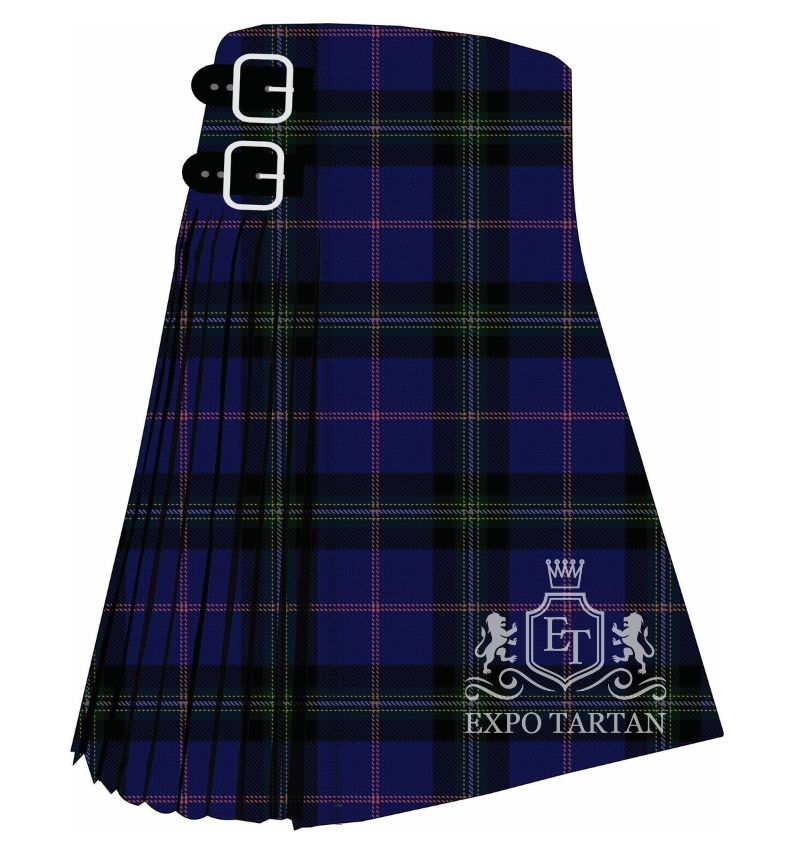 Men's Buckie District Tartan Kilt showing traditional knife pleats in a deep navy blue, black, and green sett, intricately intersected by fine magenta pink lines