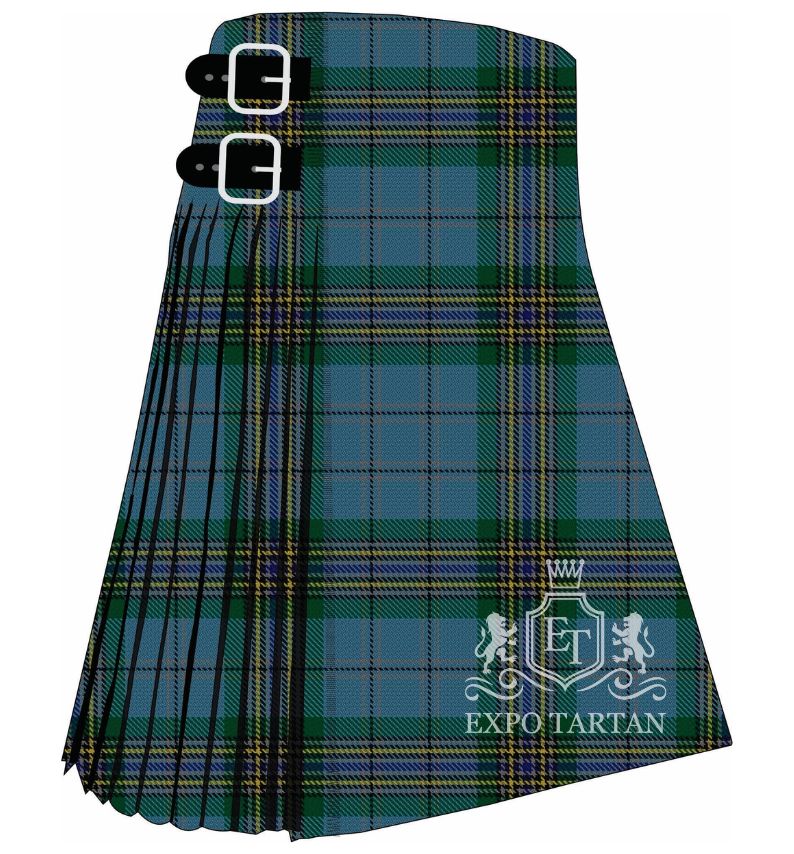 Men's Buffalo Tartan Kilt showing traditional knife pleats in a muted teal and dark green sett, intricately intersected by fine golden-yellow and royal blue lines