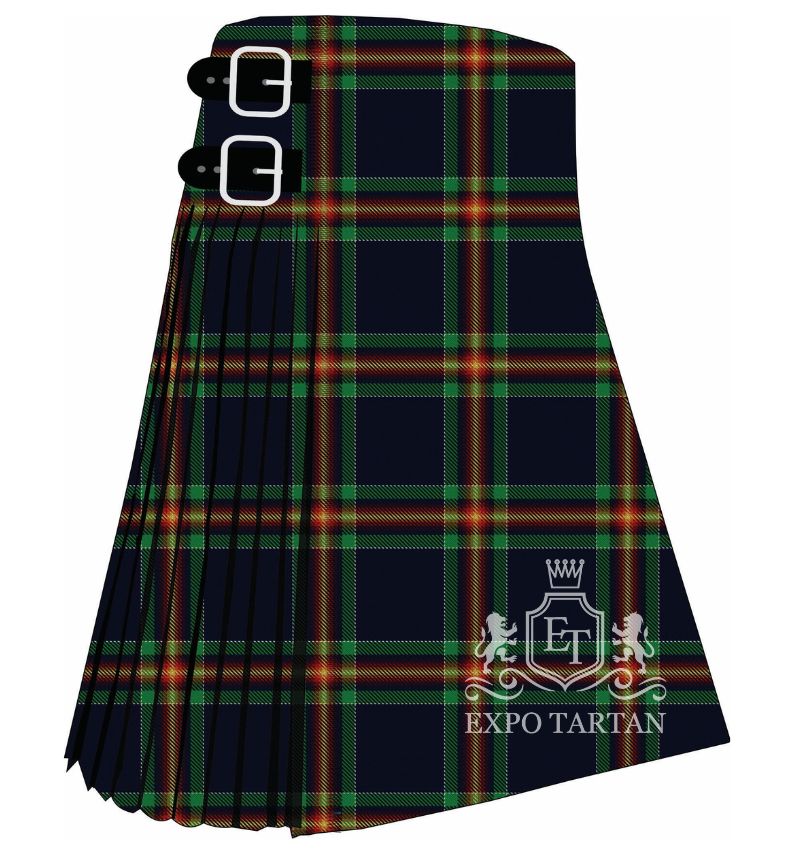 Men's COP26 A New Dawn Tartan Kilt showing traditional knife pleats and black leather side straps in a dark navy sett, intricately intersected by bright green, red, and yellow bands