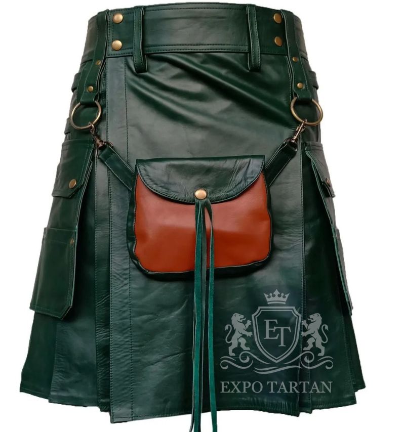 Green Cowhide Leather Utility Kilt With Front Sporran Scottish Highland Wear