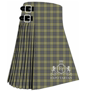 Men's Cairngorm District Tartan Kilt showing traditional knife pleats and black leather side straps in a muted grey sett, intricately intersected by pale earthy gold bands and fine black and white lines