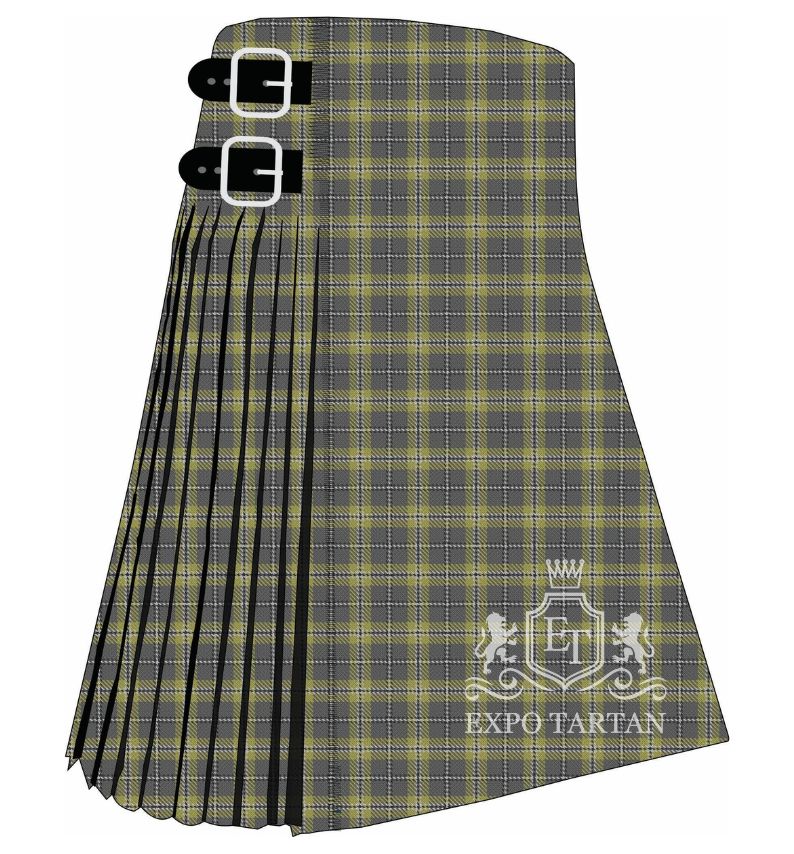 Men's Cairngorm District Tartan Kilt showing traditional knife pleats and black leather side straps in a muted grey sett, intricately intersected by pale earthy gold bands and fine black and white lines