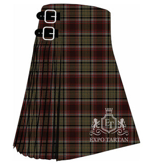 Men's Caithness Tartan Kilt showing traditional knife pleats and black leather side straps in a deep dark sett, intricately intersected by blue-grey and earthy gold bands with fine red lines