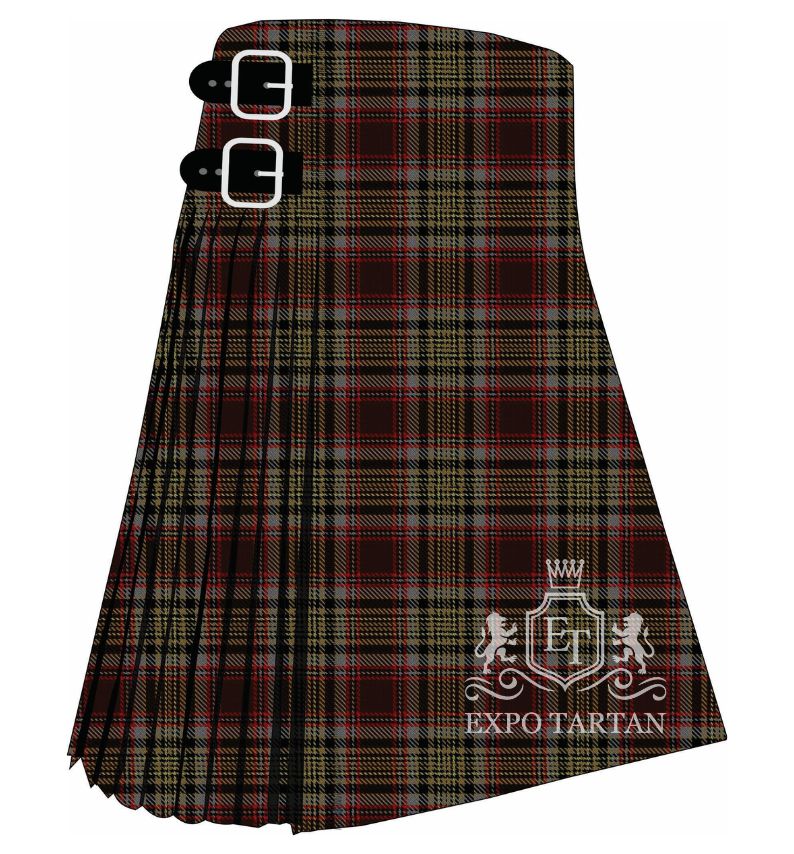 Men's Caithness Tartan Kilt showing traditional knife pleats and black leather side straps in a deep dark sett, intricately intersected by blue-grey and earthy gold bands with fine red lines