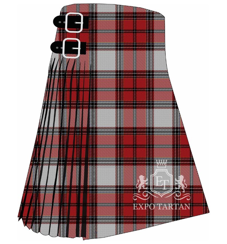 Men's Calgary Tartan Kilt showing traditional knife pleats and black leather side straps in a bold red and light grey sett, intricately intersected by solid black bands and fine white and yellow lines