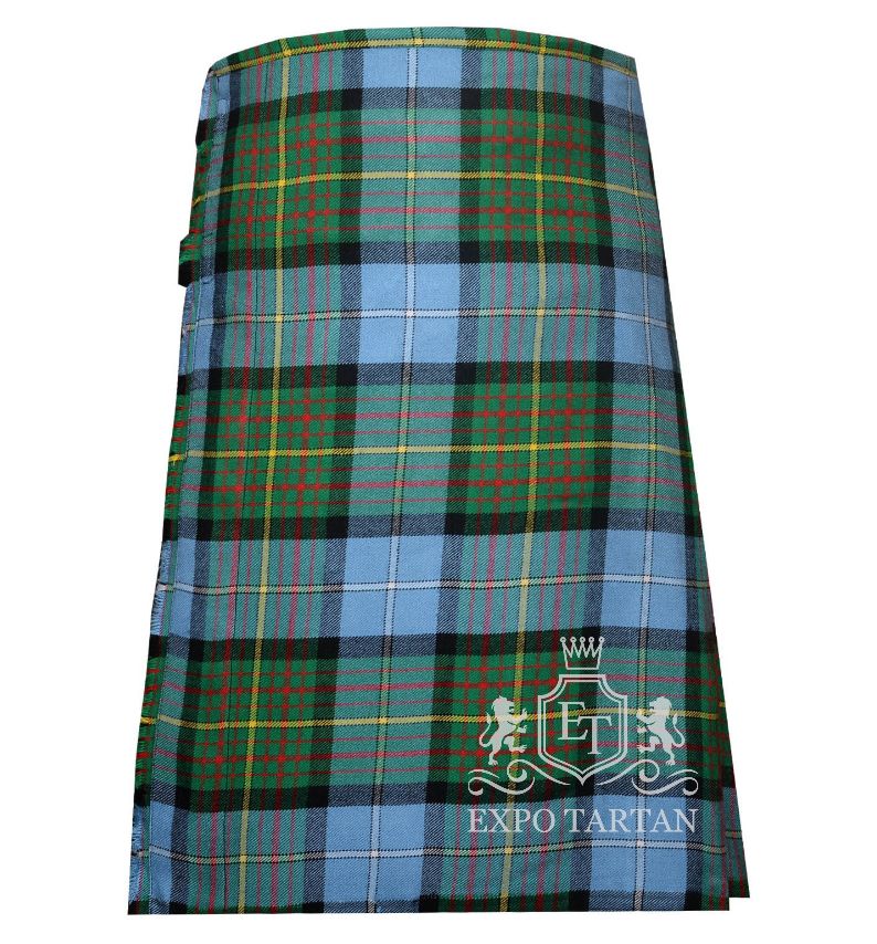 Men's California State Tartan Kilt showing traditional knife pleats and black leather side straps in a light blue and green sett, intricately intersected by black bands with red and yellow overcheck