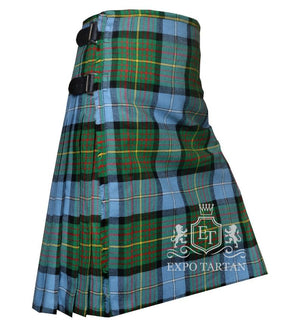 Men's California State Tartan Kilt showing traditional knife pleats and black leather side straps in a light blue and green sett, intricately intersected by black bands with red and yellow overcheck