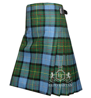 Men's California State Tartan Kilt showing traditional knife pleats and black leather side straps in a light blue and green sett, intricately intersected by black bands with red and yellow overcheck