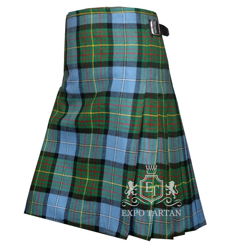 Men's California State Tartan Kilt showing traditional knife pleats and black leather side straps in a light blue and green sett, intricately intersected by black bands with red and yellow overcheck