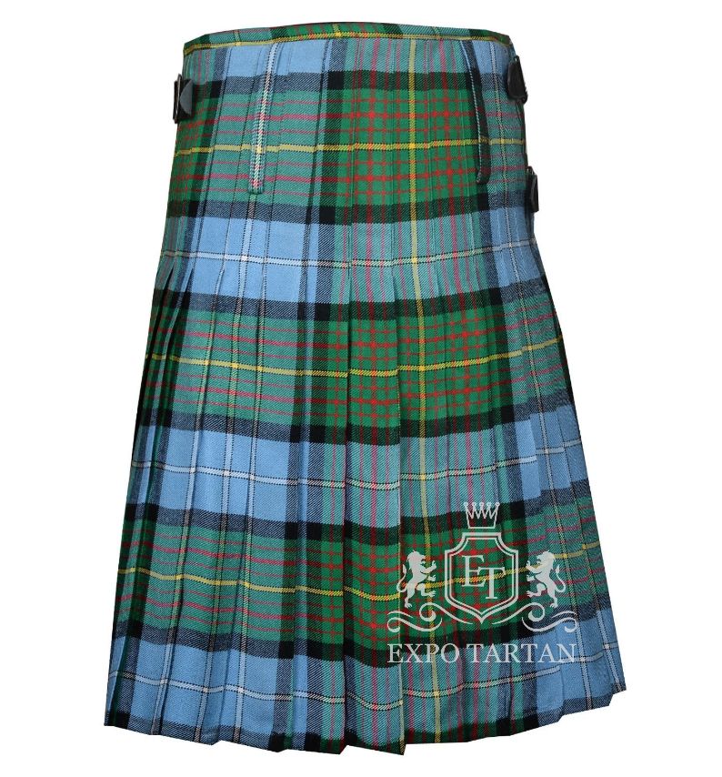 Men's California State Tartan Kilt showing traditional knife pleats and black leather side straps in a light blue and green sett, intricately intersected by black bands with red and yellow overcheck