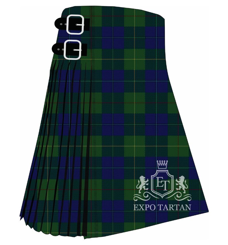 Men's Cambridge Tartan Kilt showing traditional knife pleats in a deep blue and forest green sett, intricately intersected by fine pale blue, black, red, and yellow lines