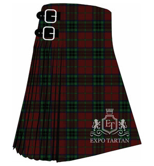 Men's Canadian Autumn Tartan Kilt showing traditional knife pleats and black leather side straps in a deep burgundy sett, intricately intersected by dark forest green and navy bands.