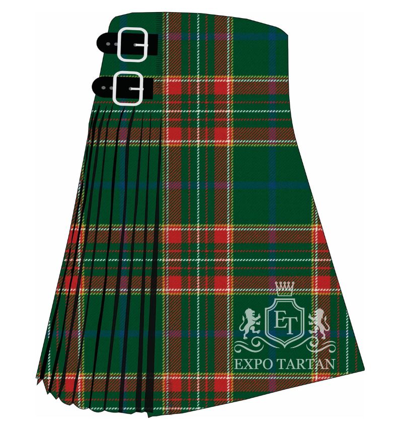 Men's Canadian Caledonian Ancient Tartan Kilt showing traditional knife pleats and black leather side straps in a vibrant green and red sett, intricately intersected by fine white, yellow, and blue lines