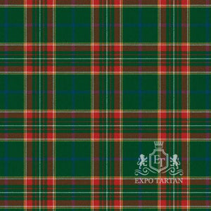 Men's Canadian Caledonian Ancient Swatch showing a vibrant green and red sett, intricately intersected by fine white, yellow, and blue lines