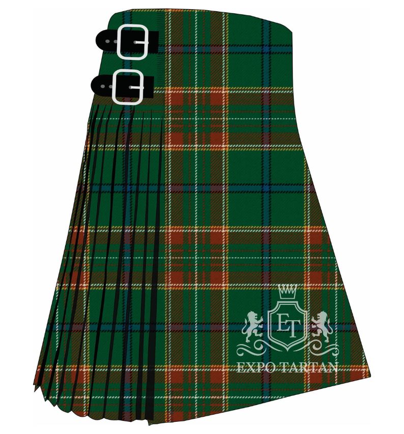 Men's Canadian Caledonian Hunting Ancient Tartan Kilt showing traditional knife pleats and black leather side straps in a vibrant green and terracotta sett, intricately intersected by fine white, yellow, and navy blue lines