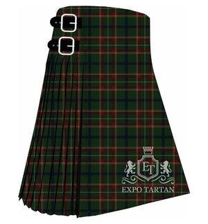 Men's Canadian Caledonian Hunting Tartan Kilt showing traditional knife pleats and black leather side straps in a deep forest green sett, intricately intersected by navy blue bands and fine red and yellow lines
