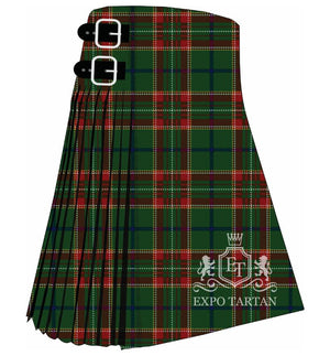 Men's Canadian Caledonian Tartan Kilt showing traditional knife pleats and black leather side straps in a rich forest green and crimson red sett, intricately intersected by navy bands and fine white and yellow lines