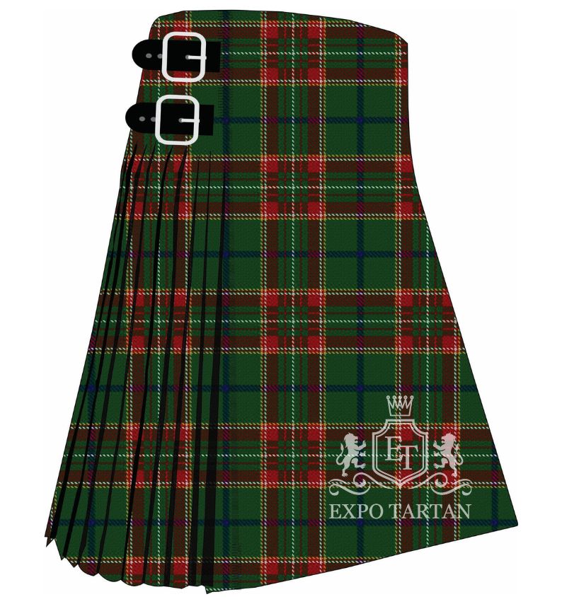 Men's Canadian Caledonian Tartan Kilt showing traditional knife pleats and black leather side straps in a rich forest green and crimson red sett, intricately intersected by navy bands and fine white and yellow lines