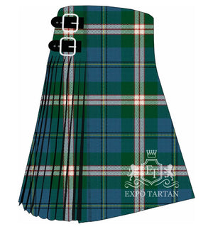 Men's Canadian Centennial Ancient Tartan Kilt showing traditional knife pleats and black leather side straps in a bright teal and green sett, intricately intersected by thick white bands and fine red and yellow lines