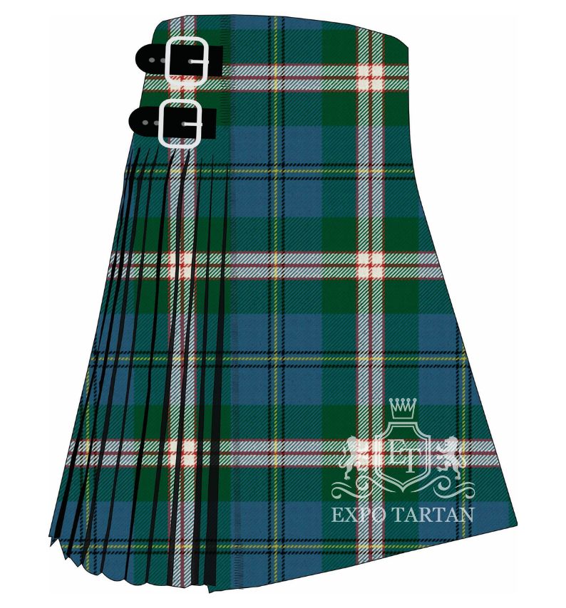 Men's Canadian Centennial Ancient Tartan Kilt showing traditional knife pleats and black leather side straps in a bright teal and green sett, intricately intersected by thick white bands and fine red and yellow lines