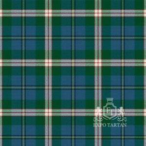 Men's Canadian Centennial Ancient Swatch showing a bright teal and green sett, intricately intersected by thick white bands and fine red and yellow lines