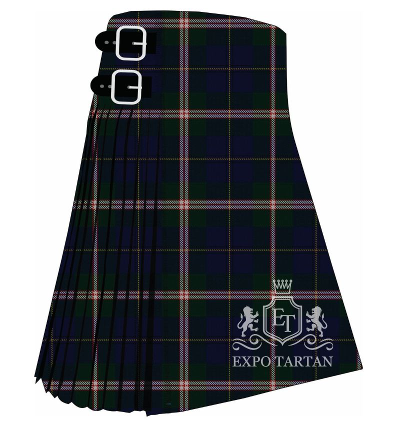 Men's Canadian Centennial Tartan Kilt showing traditional knife pleats and black leather side straps in a deep navy and green sett, intricately intersected by thick white bands and fine red and yellow lines