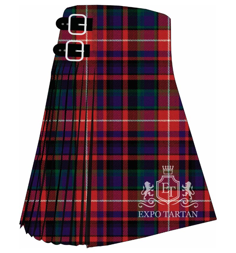 Men's Canadian Confederation Ancient Tartan Kilt showing traditional knife pleats and black leather side straps in a vibrant red and deep blue sett, intricately intersected by dark green bands and fine white and black lines
