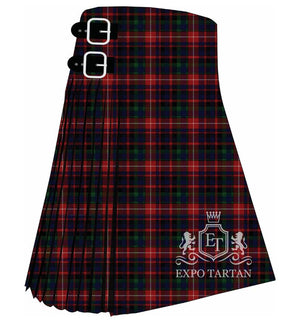 Men's Canadian Confederation Tartan Kilt showing traditional knife pleats and black leather side straps in a deep crimson red and navy blue sett, intricately intersected by dark green bands and fine white and black lines