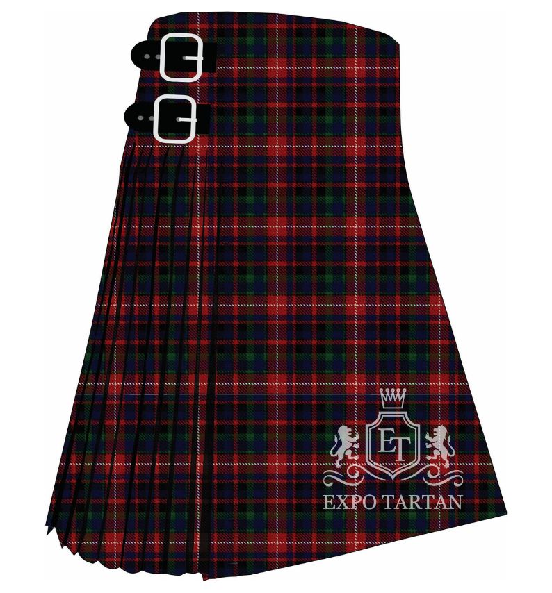 Men's Canadian Confederation Tartan Kilt showing traditional knife pleats and black leather side straps in a deep crimson red and navy blue sett, intricately intersected by dark green bands and fine white and black lines