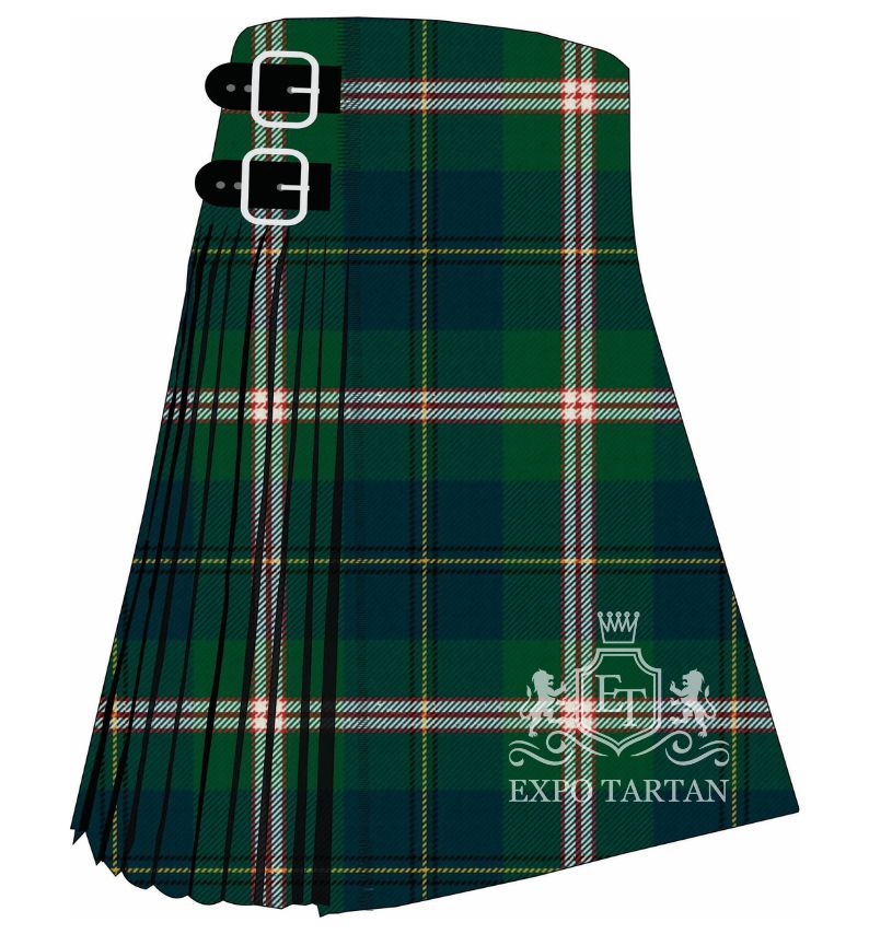 Men's Canadian National Ancient Tartan Kilt showing traditional knife pleats and black leather side straps in a bright green sett, intricately intersected by dark forest green bands, thick white stripes, and fine red and yellow lines