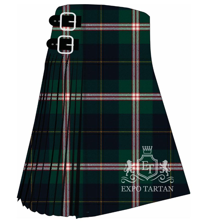 Men's Canadian National Tartan Kilt showing traditional knife pleats and black leather side straps in a deep green and navy sett, intricately intersected by thick white bands and fine red and yellow lines