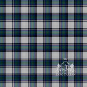 Men's Canmore Highland Games Dress Swatch showing a bright grey sett, intricately intersected by deep navy and green bands, and fine black and light blue lines.