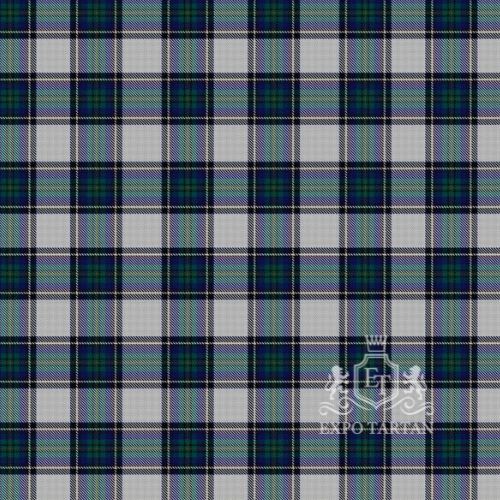 Men's Canmore Highland Games Dress Swatch showing a bright grey sett, intricately intersected by deep navy and green bands, and fine black and light blue lines.