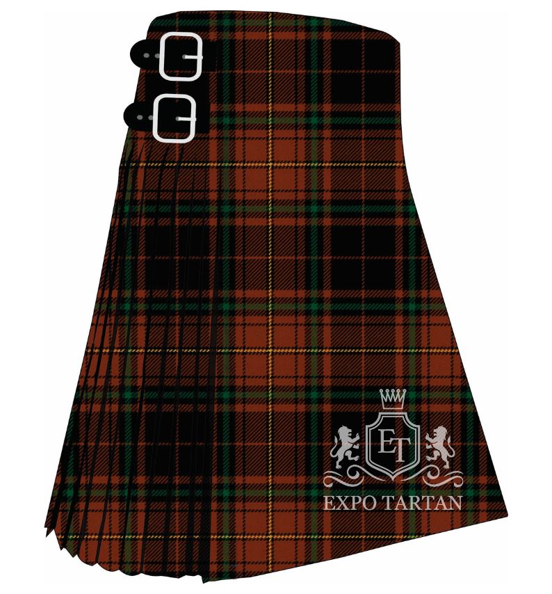 Men's Canterbury Ancient Tartan Kilt showing traditional knife pleats and black leather side straps in a warm rust-brown and black sett, intricately intersected by dark green bands and fine yellow lines