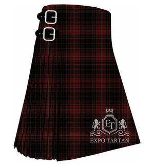 Men's Canterbury Tartan Kilt showing traditional knife pleats and black leather side straps in a deep burgundy and black sett, intricately intersected by dark green bands and fine white and yellow lines
