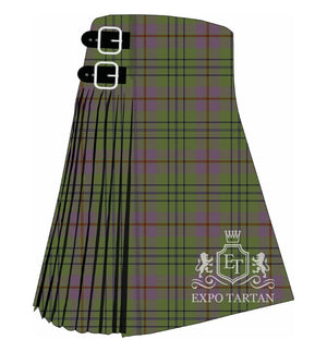 Men's Canuck Place Tartan Kilt showing traditional knife pleats and black leather side straps in a soft sage green and lavender sett, intricately intersected by navy lines and fine yellow and red overchecks
