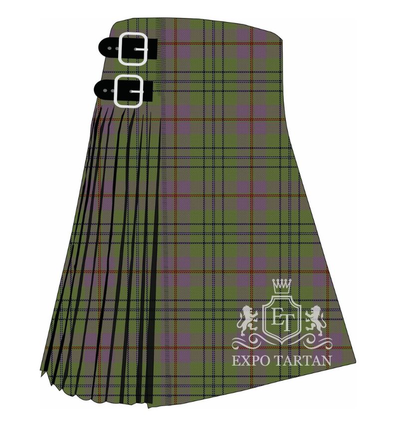 Men's Canuck Place Tartan Kilt showing traditional knife pleats and black leather side straps in a soft sage green and lavender sett, intricately intersected by navy lines and fine yellow and red overchecks