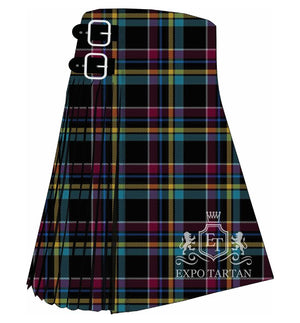 Men's Care Experienced Tartan Kilt showing traditional knife pleats and black leather side straps in a deep black sett, intricately intersected by vibrant turquoise and magenta panels and fine yellow and white overchecks.