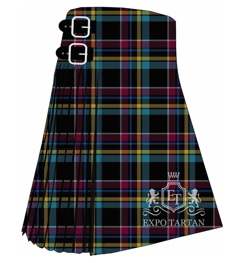 Men's Care Experienced Tartan Kilt showing traditional knife pleats and black leather side straps in a deep black sett, intricately intersected by vibrant turquoise and magenta panels and fine yellow and white overchecks.