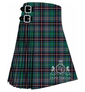 Men's Caribou District Ancient Tartan Kilt showing traditional knife pleats and black leather side straps in a green and grey sett, intricately intersected by burgundy and navy bands and fine white overchecks